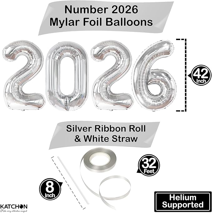 Katchon, Giant Silver 2026 Balloons - 42 Inch | New Year Balloons | 2026 Balloon Numbers | Silver Balloon for New Years Decorations 2026 | NYE Decorations | New Years Eve Party Supplies 2026