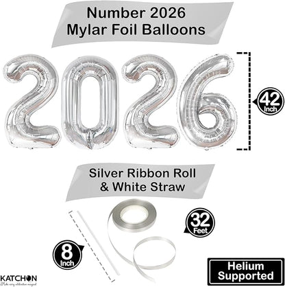 Katchon, Giant Silver 2026 Balloons - 42 Inch | New Year Balloons | 2026 Balloon Numbers | Silver Balloon for New Years Decorations 2026 | NYE Decorations | New Years Eve Party Supplies 2026