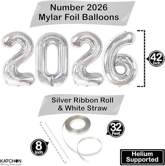 Katchon, Giant Silver 2026 Balloons - 42 Inch | New Year Balloons | 2026 Balloon Numbers | Silver Balloon for New Years Decorations 2026 | NYE Decorations | New Years Eve Party Supplies 2026