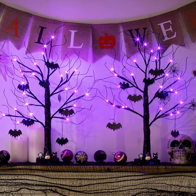 EAMBRITE Halloween Tree, Black Halloween Decorations Indoor, 2FT Spooky Tabletop Trees Battery Operated with 24LED Purple Lights 8 Bat Ornaments, Centerpieces for Tables, Home, Room(2 Pack)
