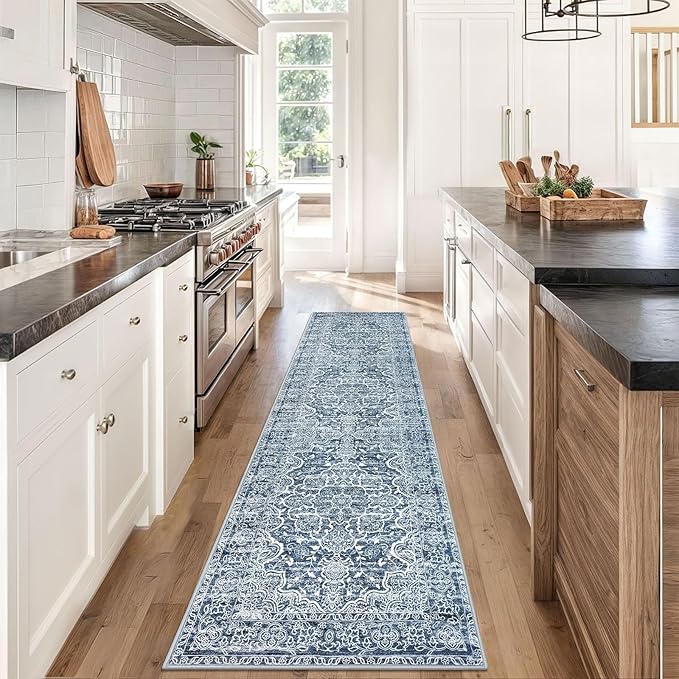 KUTA Vintage Floral Washable Runner Rug, 2x8 Blue White Runners for Hallways Non-Slip Kitchen Rugs Ultra Soft Printed Distressed Tribal Floor Carpet for Bedroom Living Room Nursery Playroom