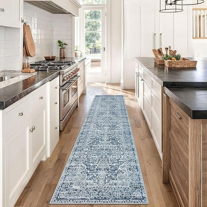 KUTA Vintage Floral Washable Runner Rug, 2x8 Blue White Runners for Hallways Non-Slip Kitchen Rugs Ultra Soft Printed Distressed Tribal Floor Carpet for Bedroom Living Room Nursery Playroom