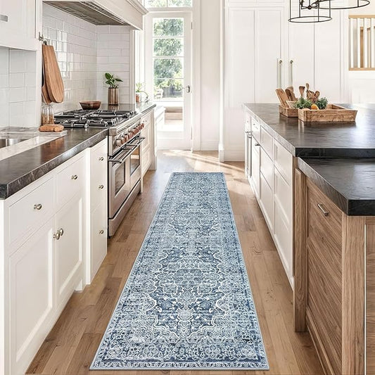 KUTA Vintage Floral Washable Runner Rug, 2x8 Blue White Runners for Hallways Non-Slip Kitchen Rugs Ultra Soft Printed Distressed Tribal Floor Carpet for Bedroom Living Room Nursery Playroom