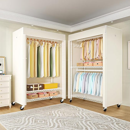 White Clothing Rack with Beige Cover, P1C Plus Rolling Closet with Wheels, Metal Garment Rack for Hanging Clothes, Clothing Storage Wardrobe, 46" W x 18.5" D x 80.7" H, Load 524 Pounds