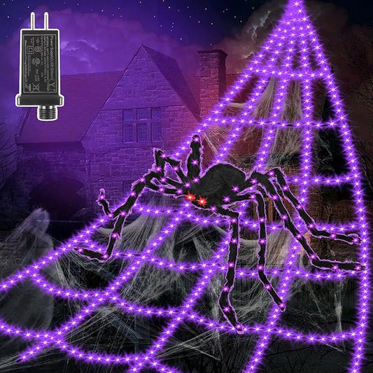 Halloween Decorations Outdoor Spider Web Lights - 550 LED 16.4Ft Spiderweb with 4Ft Large Light Up Spider, Waterproof, 8 Modes Memory Function for Outdoor Yard Halloween Decor (with Spider)
