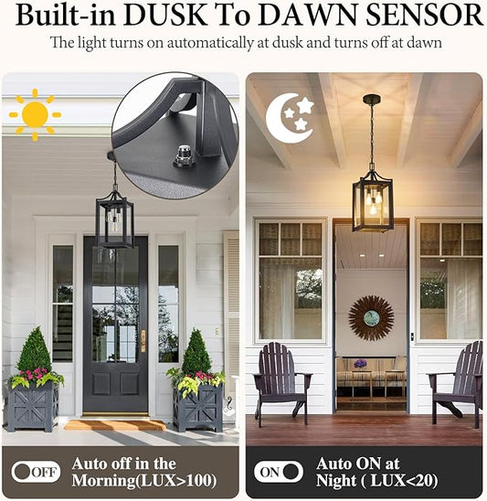 Outdoor Pendant Lights for Porch, 18.5" Large Dusk to Dawn Outdoor Chandelier with Clear Glass, Black Modern Hanging Porch Light, Adjustable Long Chain, OS-KY1004