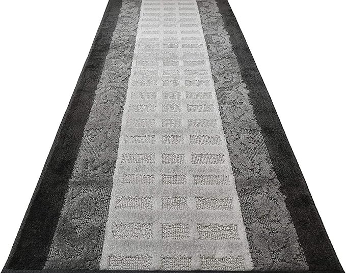Custom Cut Hallway Runner Rug, Slip Resistant, 31 Inch Wide X Your Choice of Length, Leaves Anthracite, 31 Inch X 10 feet