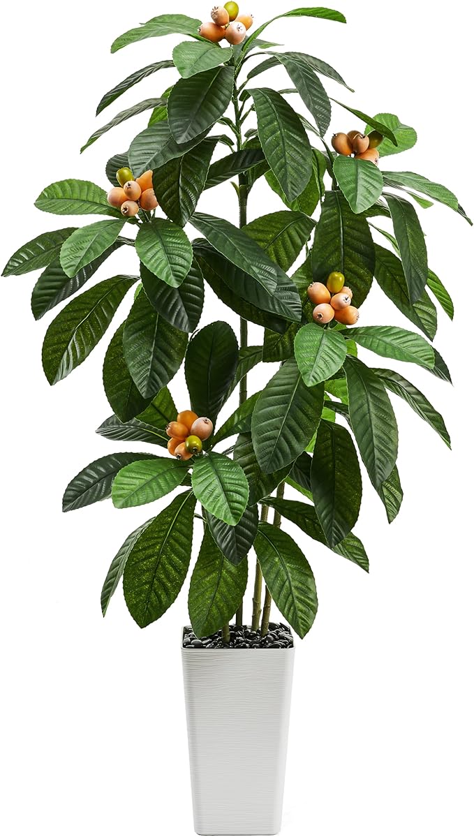 Artificial Locust Tree：6FT Faux Black Locust Floor Plant with White Flowers Small Round Silk Leaves & Elegant Branches in Beige Ribbed Planter for Indoor Home Office Decor Hotel Patio Studio