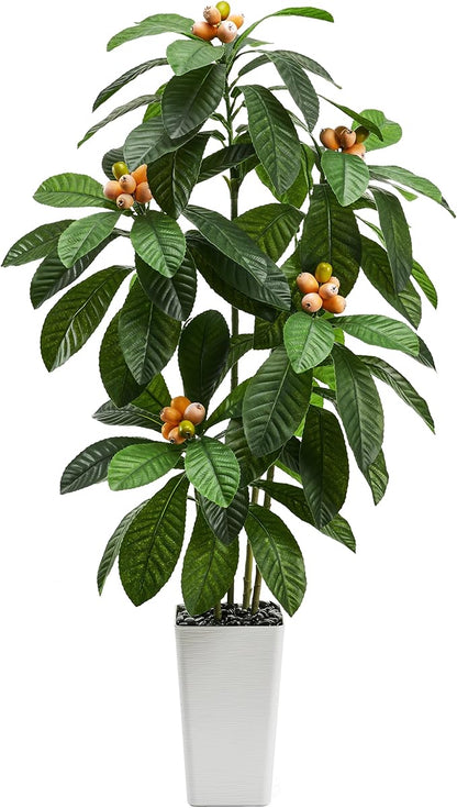 Artificial Locust Tree：6FT Faux Black Locust Floor Plant with White Flowers Small Round Silk Leaves & Elegant Branches in Beige Ribbed Planter for Indoor Home Office Decor Hotel Patio Studio