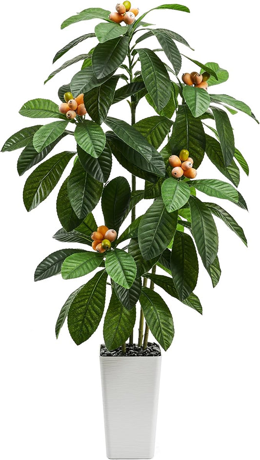 Artificial Locust Tree：6FT Faux Black Locust Floor Plant with White Flowers Small Round Silk Leaves & Elegant Branches in Beige Ribbed Planter for Indoor Home Office Decor Hotel Patio Studio