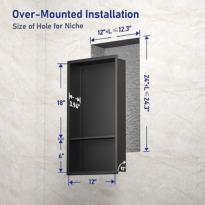 Stainless Steel Shower Niche Matte Black 24" X 12" No Tile Needed Wall Niche Double Recessed Shower Shelf for Bathroom Over Mount Installation