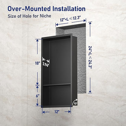 Stainless Steel Shower Niche Matte Black 24" X 12" No Tile Needed Wall Niche Double Recessed Shower Shelf for Bathroom Over Mount Installation