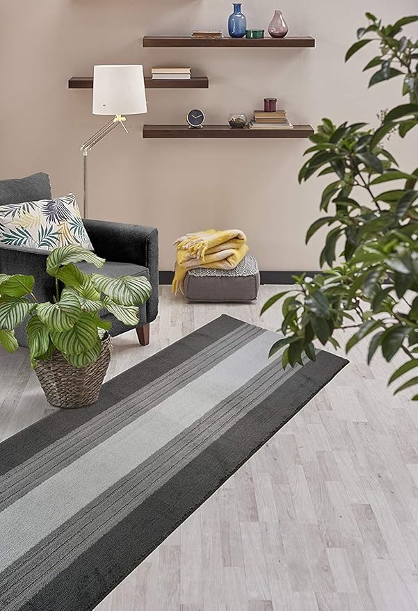 Custom Cut Hallway Runner Rug, Slip Resistant, 31 Inch Wide X Your Choice of Length, Lines Anthracite, 31 Inch X 22 feet