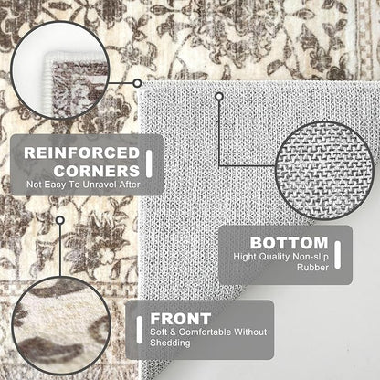 KILOCOCO Hallway Runner 2x8 Rug Runner Printed Vintage Floral Washable Kitchen Runners Non-Slip Rubber Backed Runners for Hallways Laundry Room Distressed Boho Rugs for Entryway Bedroom, Beige/Brown