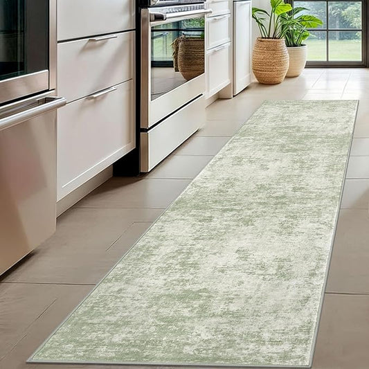 Modern Abstract Hallway Runner Rug, Sage Green Grey 2x8 Runner Rug, Washable Kitchen Runner Non-Slip Soft Thin Print Faux Wool Carpet for Entryway Bedroom Laundry Room Indoor
