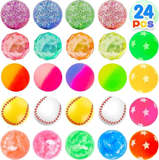 Bouncy Balls for Kids 24 Pieces 6 Styles 32 mm Assorted Bouncy Balls Toys for Kids Party Favors, Birthdays Party Favors, Classroom Prizes