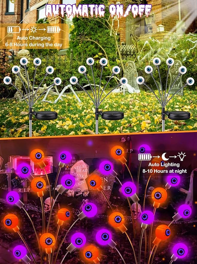 6 Pack Halloween Decorations Outdoor Solar Eyeball Lights, Purple and Orange Scary Eyeball Swaying Firefly Lights with 2 Modes, Waterproof Halloween Pathway Lights for Yard Garden Lawn Party Decor
