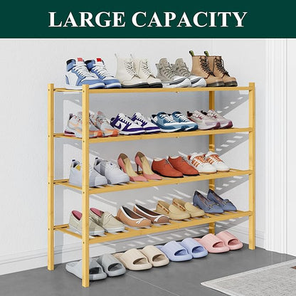 Smiry Bamboo Shoe Rack for Closet, 4 Tier Long Wooden Stackable Shoe Organizer, Free Standing Shoes Storage Shelf for Entryway, Front Door Entrance, Natural