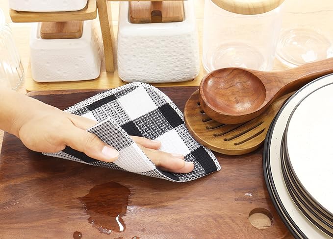 Waffle Weave Plaid Dish Cloths, 100% Cotton - 12 x 12 Inches, Ultra Soft Absorbent Quick Drying Dish Towels Buffalo Check Dish Rags for Kitchen, 6 Pack - Fall Thanksgiving- Black and White