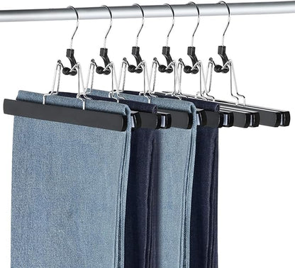 AMKUFO 12 Pack Black Wooden Pants Hangers with Clips Non Slip Skirt Hangers Trouser Clamp Hanger Solid Wood Hanger with 360° Swivel Hook