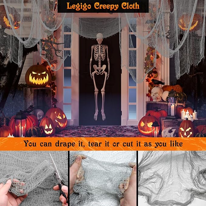 Legigo 6 Pack Grey Halloween Creepy Cloths Cheesecloths, Spooky Black Mesh Fabric Cheese Cloths for Crafts, Scary Gauze Fabric for Party Supplies Home Wall Doorway Outdoor Yard Decor