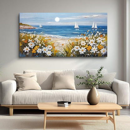 KELIYUAN Large Vintage Landscape Painting Home Decor Blue Ocean Beach Painting Living Room Decorative Wall Art Modern Print Canvas White Flowers Farmhouse Office Bedroom Wall Decor 30 X 60 Inches