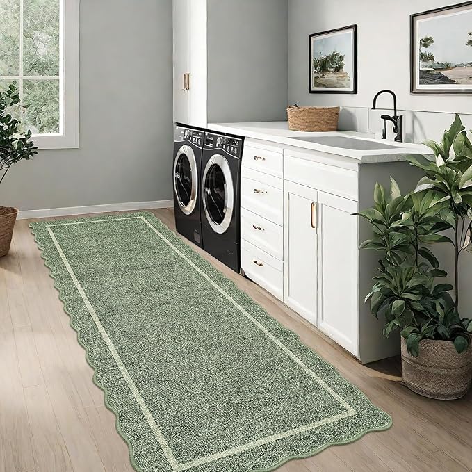 GarveeHome Scalloped Washable Runner Rug 2x6 Runner Modern Non Slip Kitchen Rugs Farmhouse Entryway Rug Soft Bathroom Rugs Stain Resistant Carpet for Laundry Bedroom 2 ft x6 ft Greyish Green