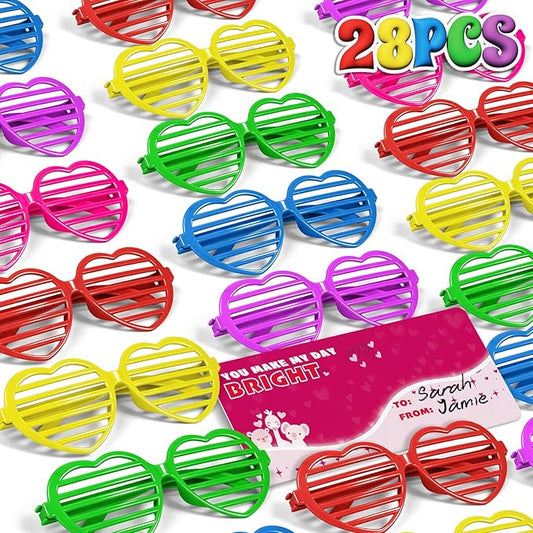 Amy&Benton 28PCS Shutter Glasses Toys with Valentines Gift Cards, Valentines Day Heart Shaped Shutter Shade Glasses for Kids Classroom Exchange Gifts Praty Prizes Bulk