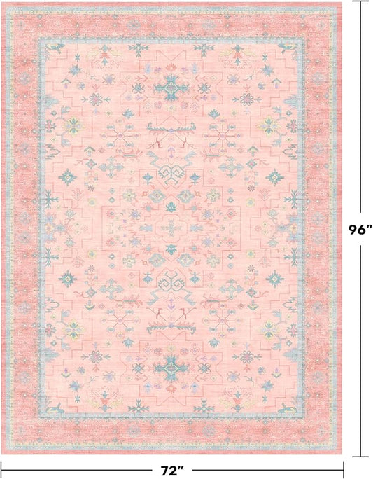Washable Pink and Blue 6x8 Boho Rugs for Bedroom Girls, Living Room Kids Playroom Nursery Room, Modern Floral Distressed Design, Soft Low Pile Non Slip Stain Resistance Carpet