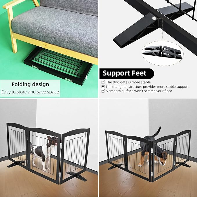 ZJSF Freestanding Dog Fence Indoor, Foldable Dog Gate for Doorways, Stairs or Hallways, Sturdy Wood Extra Wide Pet Gate with Support Feet for The House, Black, 24 "Height-3 Panels