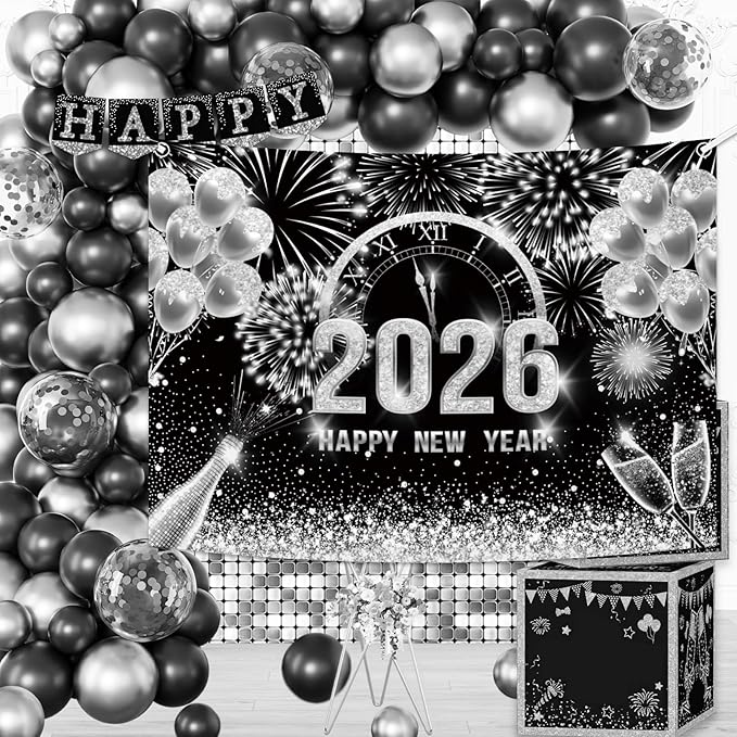 MEHOFOND 7x5ft Black and Silver 2026 Happy New Year Backdrop Hello 2026 New Year Eve Party Photography Background Champagne Balloon Fireworks Glitter Dots Cheers to 2026 Decor Banner Photo Booth Props