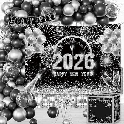 MEHOFOND 7x5ft Black and Silver 2026 Happy New Year Backdrop Hello 2026 New Year Eve Party Photography Background Champagne Balloon Fireworks Glitter Dots Cheers to 2026 Decor Banner Photo Booth Props