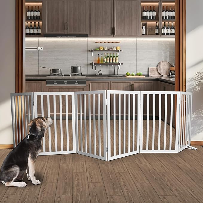 Dog Gate Indoor, Freestanding Dog Fence for The House, Doorways, Hallways,or Stairs,Pet Gate Foldable Wooden,Expandable 32" Height 6 Panels,Grey