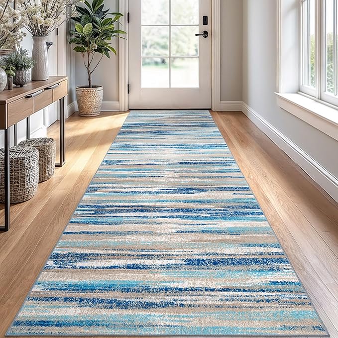 Modern Abstract Runner Rug 2.6x10, Blue Washable Long Kitchen Runner Non-Slip Soft Hallway Rug Runner Thin Print Faux Wool Carpet for Entryway Bedroom Laundry Room Indoor Home Decor