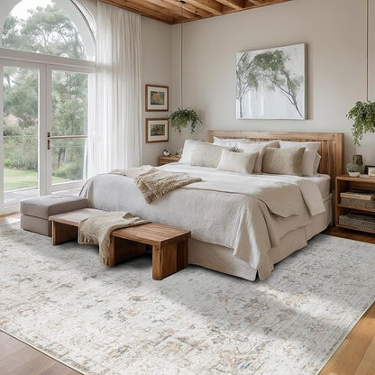 Washable 10×14 Area Rug for Living Room, Vintage Floral Rug Soft Non Slip Stain Resistant Boho Carpet for Indoor Bedroom Dinning Room Home Office Beige