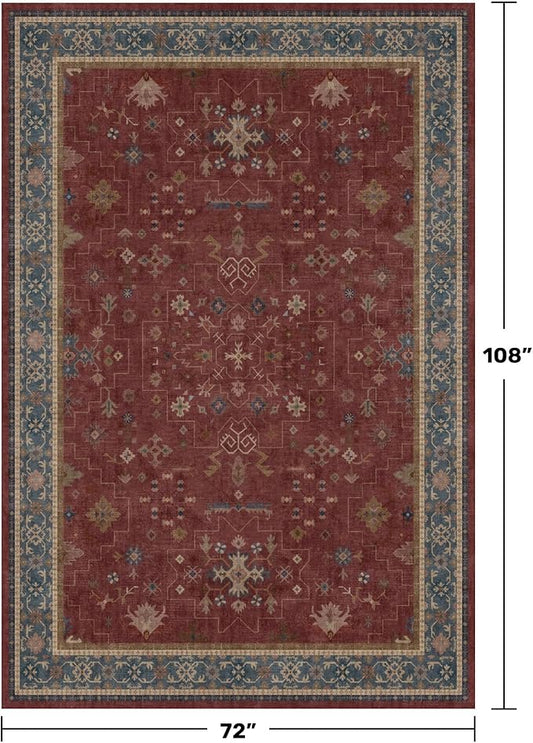 6x9 Dining Room Rugs for Under Table - Vintage Burgundy Boho Living Room Rug, Lightweight Washable Foldable Low Pile Carpet,Southwestern Bed Room Décor Aesthetic