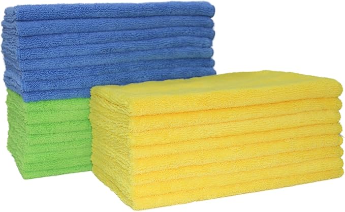 POLYTE Microfiber Cleaning Towel (16x24 in, 18 Pack, Blue,Green,Yellow)