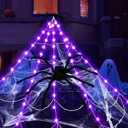 Spider Web Halloween Decorations Outdoor Lights 16.4 ft 135 LED Purple Light up Giant with Scary Realistic Spider, Stretch for Decoration Outdoor Haunted House