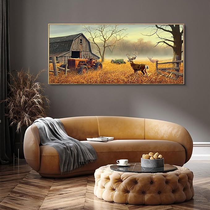 XLSJERST Extra Large Deer Wall Art for Living Room Canvas Prints Decor Decoration Country Tractor Rustic Wildlife Cabin Hunting Picture Glass Surface Artwork Ready to Hang for Bedroom Home Office - 70x31
