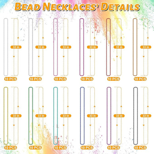 Bead Necklace, 120PCS Mardi Gras Beads, 33" Colorful Mardi Gras Beads Necklaces, Women Men Party Costume Accessories Parade Throws Bulk Party Favors for Christmas Pirate Carnival