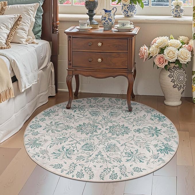 jinchan Classic Floral Round Rug 5ft Vintage-Inspired Design 5’Circle Rug Machine Washable Ultra-Thin Low-Pile Non-Slip Indoor Carpet for Bedroom Dining Room Living Room Entryway