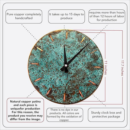 Handmade Copper Wall Clock Artisan Touch in Every Piece - Tree of Time Wall Decor Clock for Living Room, Office, Kitchen & Bedroom (Pure Copper, 11)