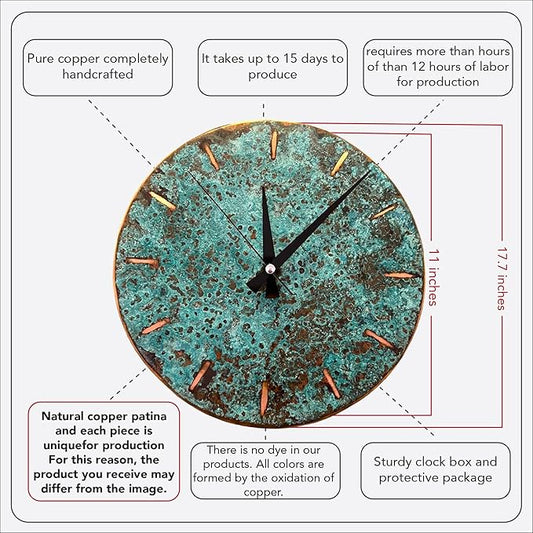 Handmade Copper Wall Clock Artisan Touch in Every Piece - Tree of Time Wall Decor Clock for Living Room, Office, Kitchen & Bedroom (Pure Copper, 11)