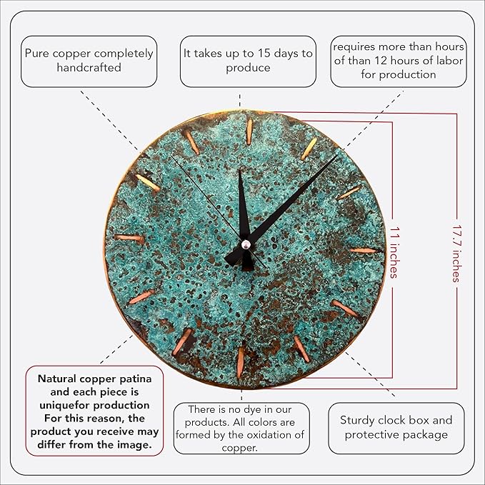 Handmade Copper Wall Clock Artisan Touch in Every Piece - Tree of Time Wall Decor Clock for Living Room, Office, Kitchen & Bedroom (Pure Copper, 17.7)