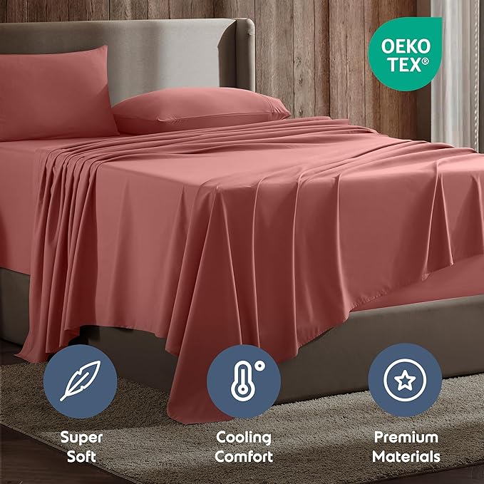 Nestl California King Sheet Set - 1800 Ultra-Soft Microfiber Cal King Bed Sheets - Double Brushed - Deep Pockets - Easy Fit - 4 Piece Set - Bed Sheets (California King, Pink Clay)
