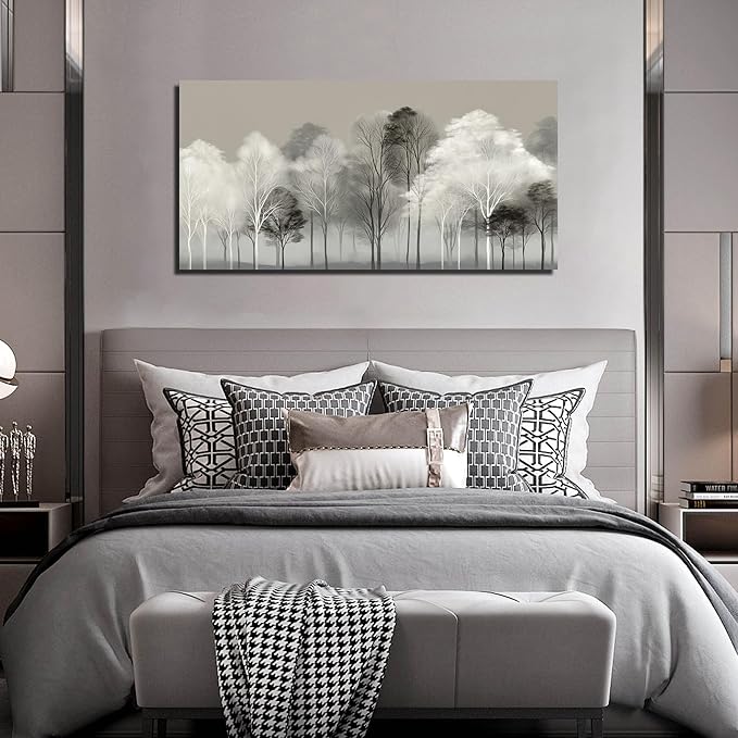 Prepeyssee Black and White Tree Wall Art for Living Room Large Landscape Modern Artwork Gray Forest Picture for Bedroom Home Office Ready to Hang 24x48 Inch