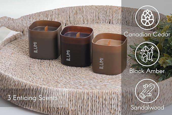 Set of 3 Premium Scented Soy Candles Gift Set | Dusk to Dawn Collection - Canadian Cedar, Black Amber & Sandalwood | Crackling Wood Wick | Luxury Candles for Relaxation, Home Décor, Gifts | 9.8oz Each