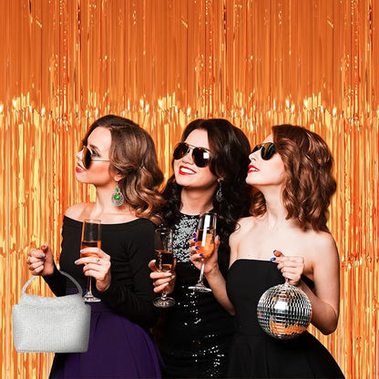 2 Pack 3.2x8.2 Feet Orange Foil Fringe Backdrop Curtains, Metallic Tinsel Photo Booth Backdrop Streamers Birthday Party Decorations, Halloween Baby Shower Disco Basketball Party Supplies