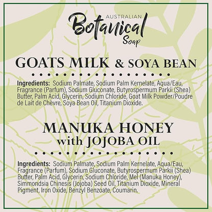 Australian Botanical Goats Milk Soap and Manuka Honey 6.6 OZ, Triple Milled Bars made with a Natural Soap Base and Enriched with Organic Shea Butter, Pack of 8