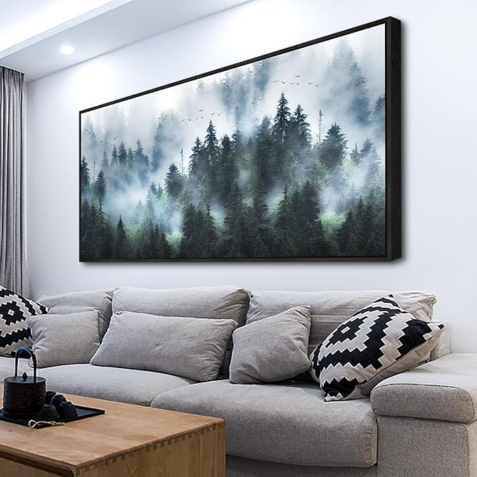 Wapluam Large Wall Art For Living Room Wall Decor For Office Bedroom Wall Decorations Canvas Prints Artwork Foggy Forest Landscape Pictures Modern Wall Painting Black Framed Home Wall Art 30"X60"